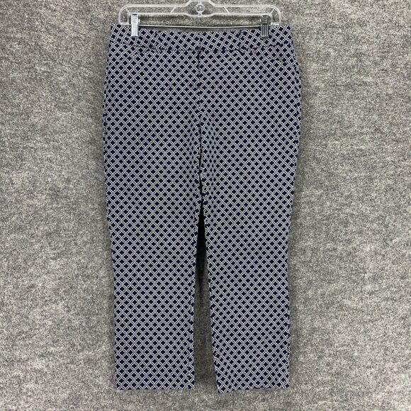 Adrienne Vittadini Chino Pants Women 4 White Blue Printed High Rise Straight - Picture 1 of 11